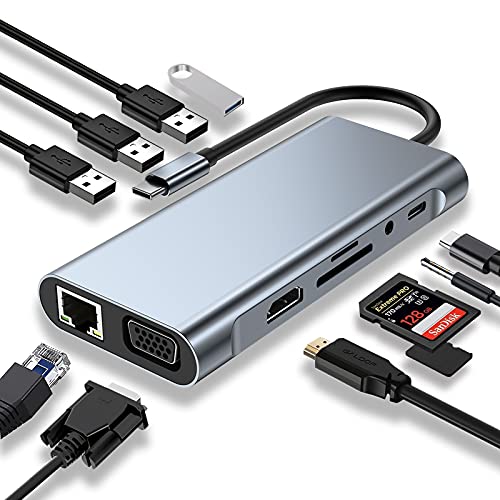 HUB USB C, Adaptateur USB C 11 en 1 avec 4K-HDMI, VGA, USB 3.0, Type C PD, Ethernet RJ45, Lecteur de Carte SD / TF, AUX 3,5 mm, Compatible avec MacBook Pro / Air, Plus Type C Dispositifs
