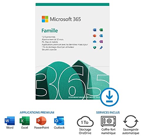 Microsoft 365 Famille | Office 365 apps | jusqu’à 6 utilisateurs | 1 an | PC/MAC, tablette et smartphone | Téléchargement