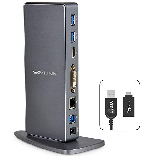 Station d'accueil Universelle WAVLINK USB 3.0/USB C avec Deux Sorties vidéo (HDMI et HDMI, DVI ou VGA) pour Ordinateur Portable/PC ou Mac (Gigabit Ethernet et 6 Ports USB 3.0)