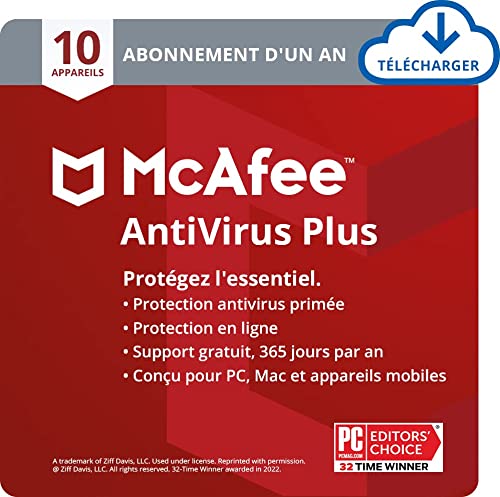 McAfee AntiVirus Plus 2022 | 10 appareils | Antivirus, sécurité Internet et protection | PC/Mac/Android/iOS | Abonnement d'un an | Code de téléchargement