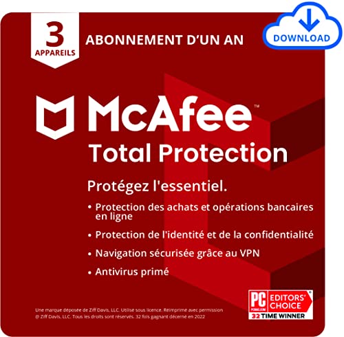 McAfee Total Protection 2022 | 3 appareils | Antivirus et sécurité Internet | VPN, gestionnaire de mots de passe | PC/Mac/Android/iOS | Abonnement d'un an | Code de téléchargement
