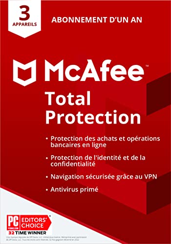 McAfee Total Protection 2022 | 3 appareils | Antivirus et sécurité Internet | VPN, gestionnaire de mots de passe | PC/Mac/Android/iOS | Abonnement d'un an | Livraison postale