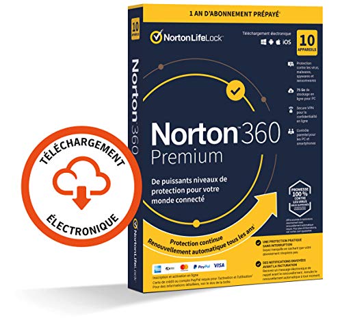 Norton™ 360 Premium 2022 |10 Appareils | 1 An d'Abonnement | Secure VPN - Password Manager - Dark web monitoring| PC/Mac/iOS/Android - Téléchargement