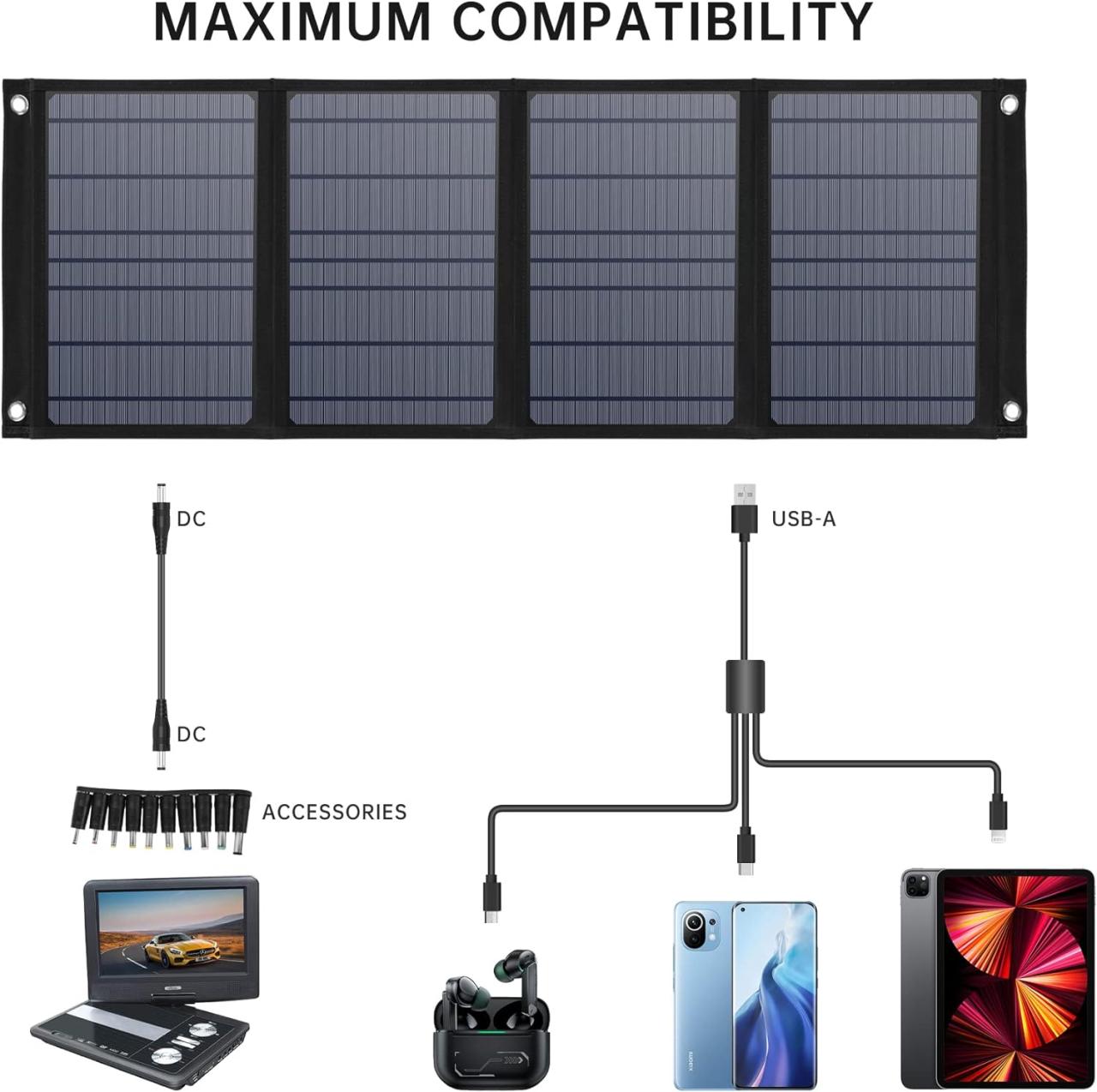 Panneau Solaire Pliable 40W, Chargeur Solaire Portable avec USB C + A + DC, Panneau Solaire Monocristallin pour Téléphone Intelligent, Tablettes,...